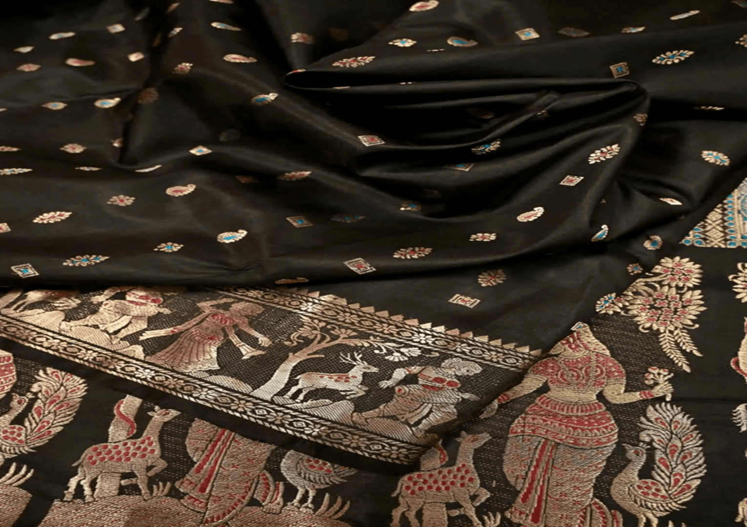 Baluchari Saree in Pure Mulberry Silk with Meenakari Work and Gold Zari Weaving