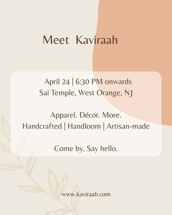 Invitation poster from Kaviraah's first pop-up — April 24, 2026 at Sai Temple, West Orange NJ