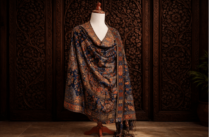 A finished Kani shawl with intricate paisley motifs