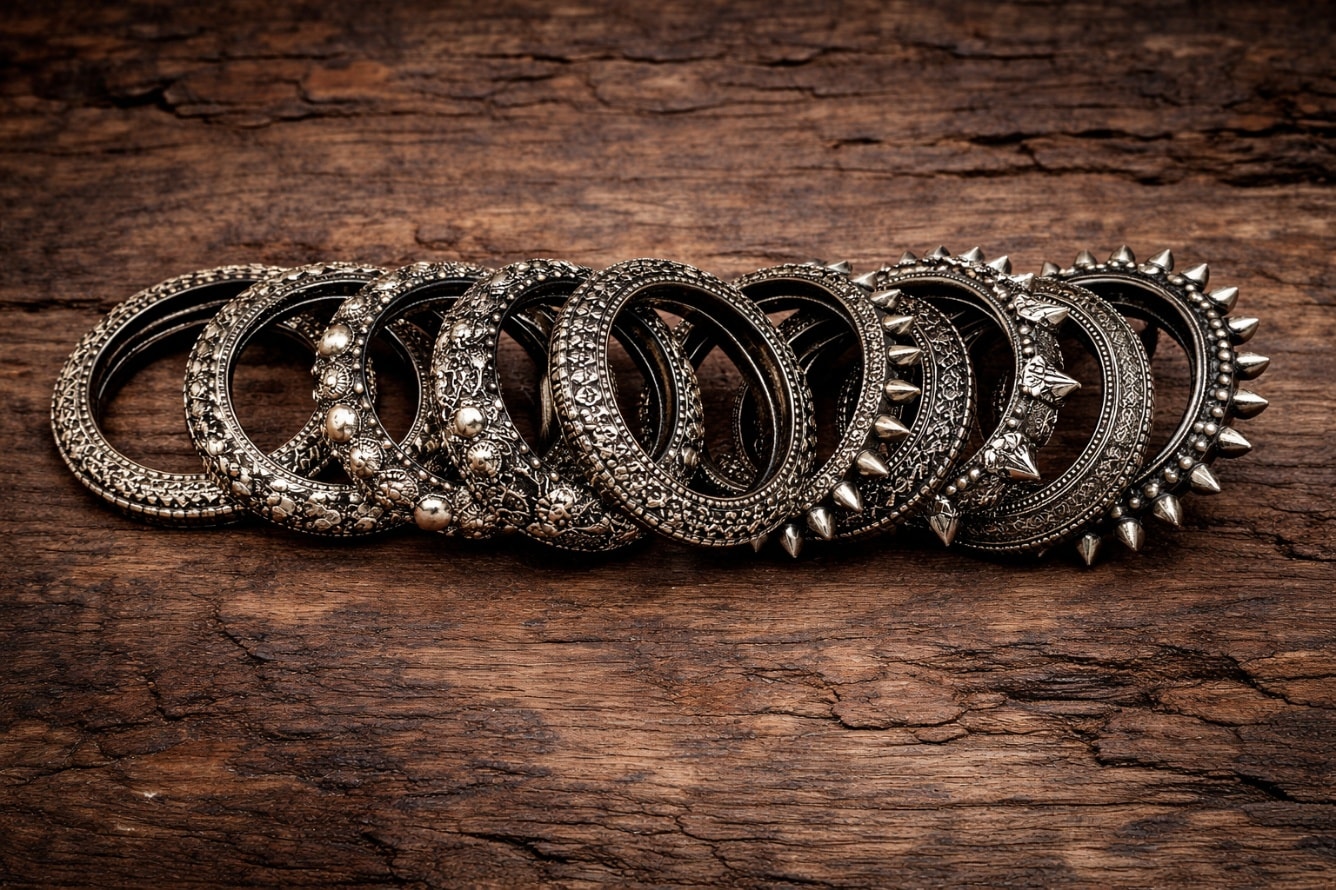 Oxidised jewellery piece showcasing dark patina and intricate detailing