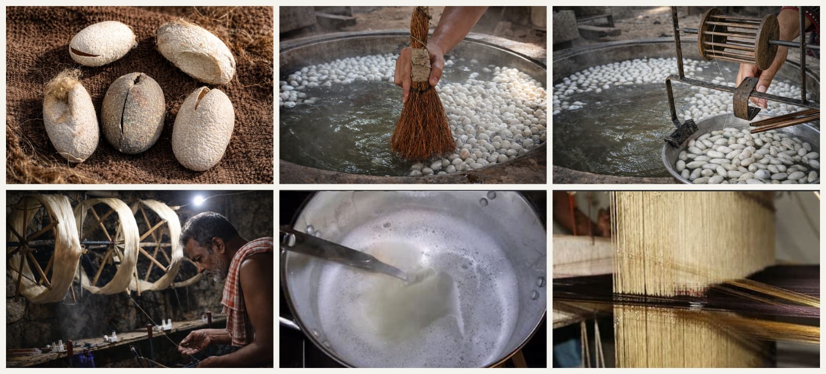 The journey from silkworm to Tussar fabric — cocoons, boiling, spinning, and weaving